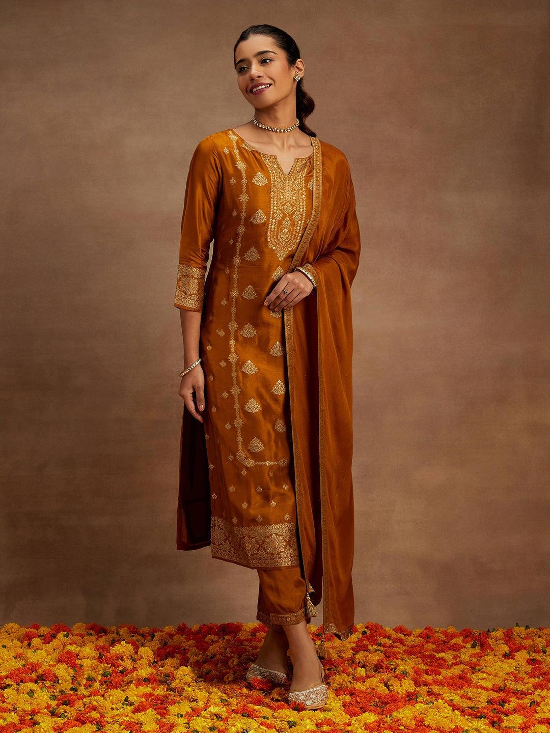 Mustard Woven Design Silk Blend Straight Kurta With Trousers & Dupatta - Libas