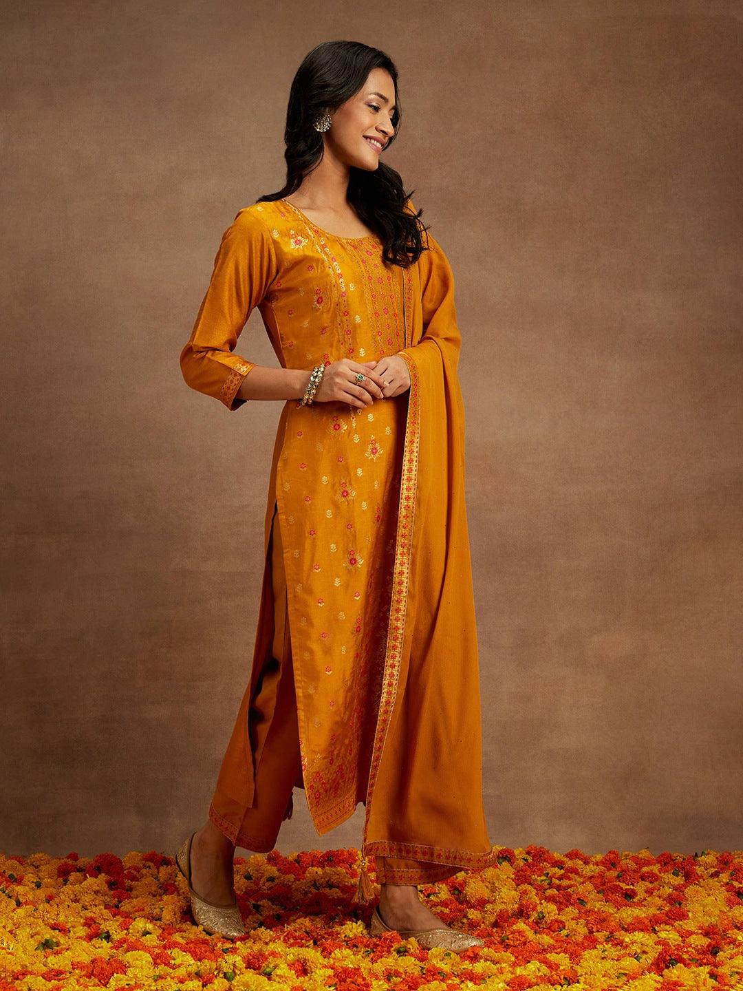 Mustard Woven Design Silk Blend Straight Kurta With Trousers & Dupatta - Libas