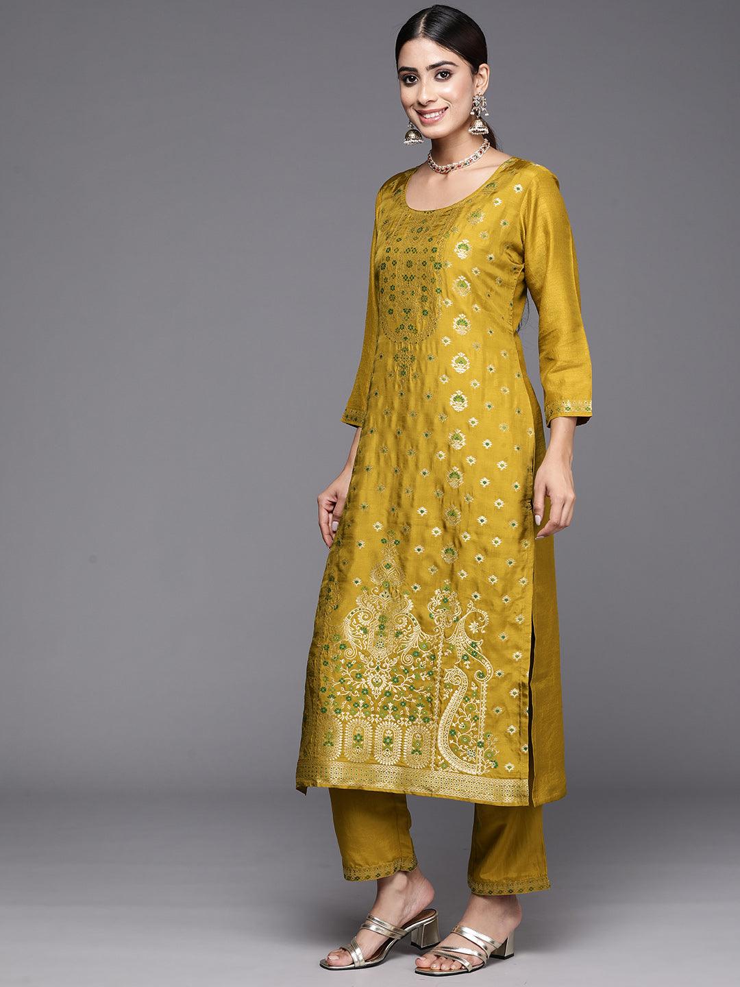 Mustard Woven Design Silk Blend Straight Kurta With Trousers & Dupatta - Libas