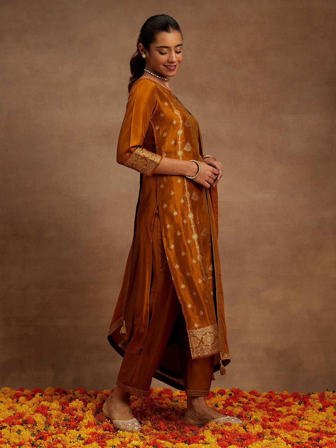 Mustard Woven Design Silk Blend Straight Kurta With Trousers & Dupatta - Libas