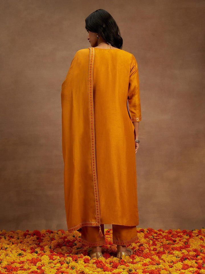 Mustard Woven Design Silk Blend Straight Kurta With Trousers & Dupatta - Libas