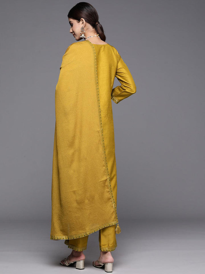 Mustard Woven Design Silk Blend Straight Kurta With Trousers & Dupatta - Libas