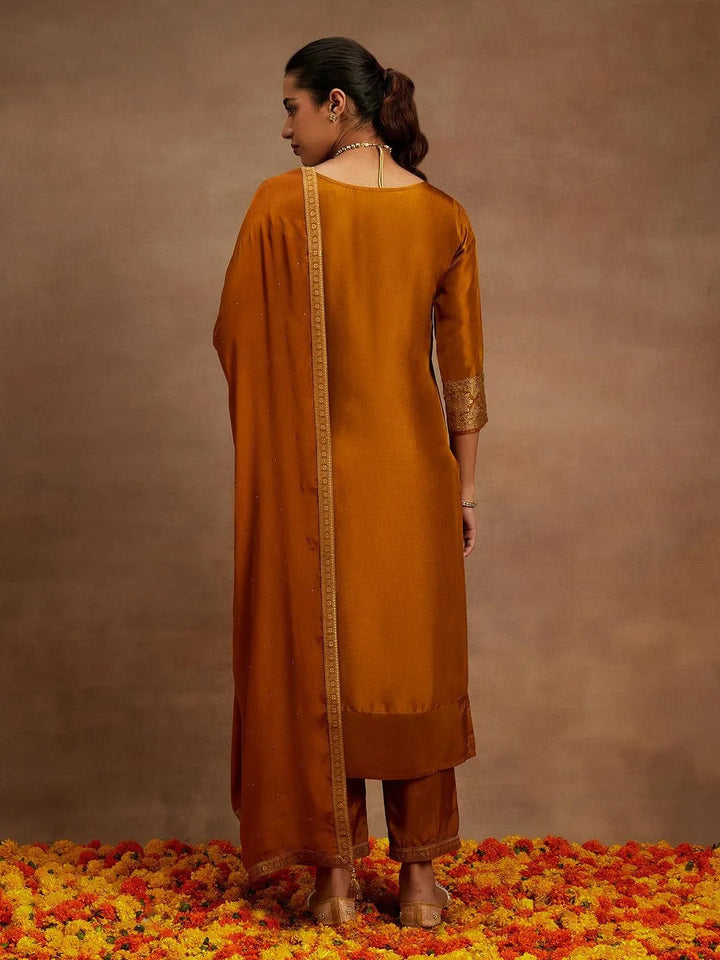 Mustard Woven Design Silk Blend Straight Kurta With Trousers & Dupatta - Libas