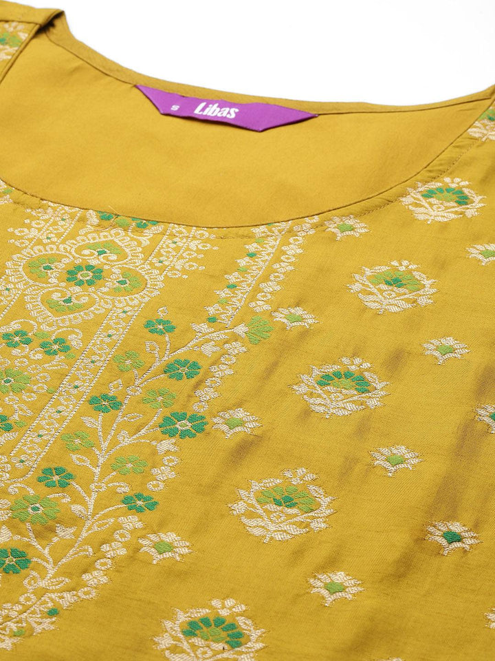 Mustard Woven Design Silk Blend Straight Kurta With Trousers & Dupatta - Libas