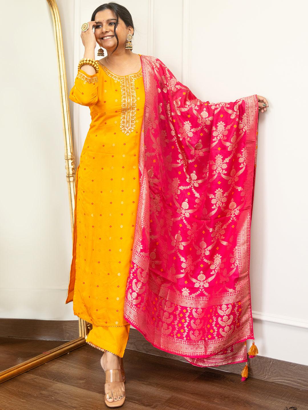 Mustard Woven Design Silk Straight Kurta With Trousers & Dupatta - Libas 