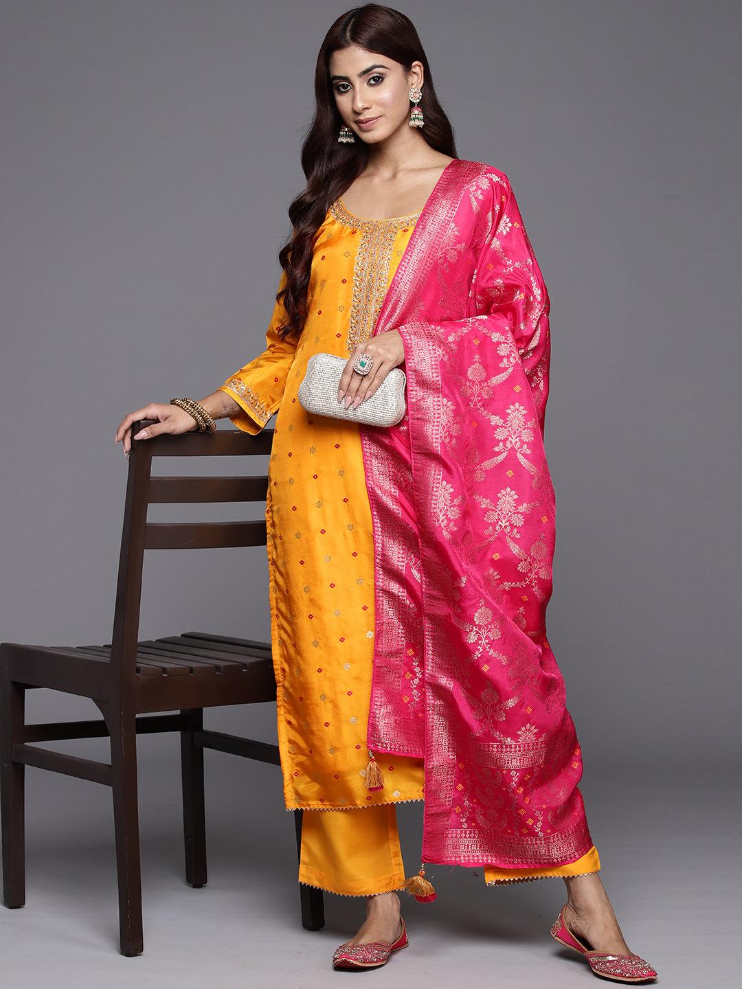 Mustard Woven Design Silk Straight Kurta With Trousers & Dupatta - Libas 