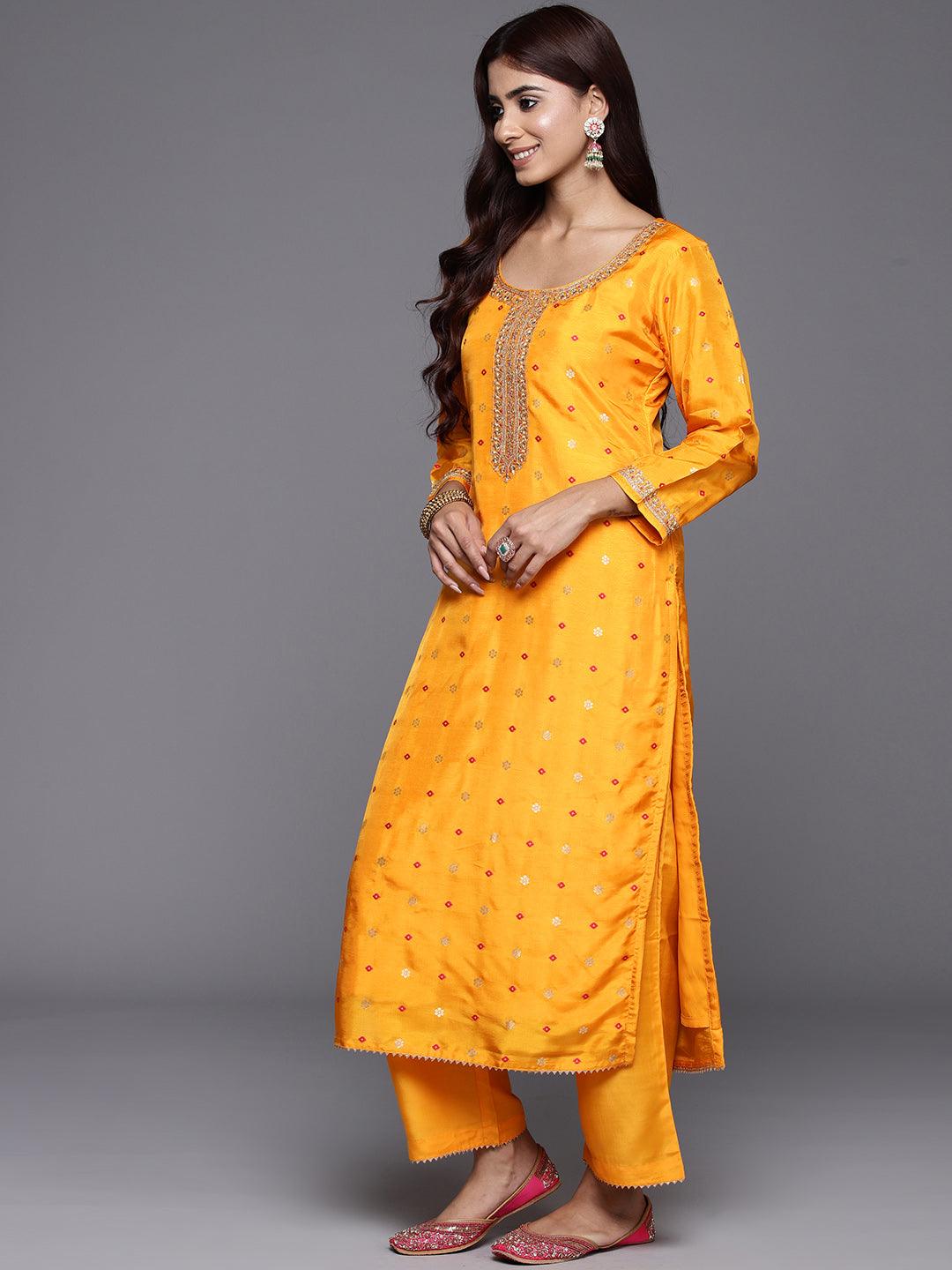 Mustard Woven Design Silk Straight Kurta With Trousers & Dupatta - Libas 