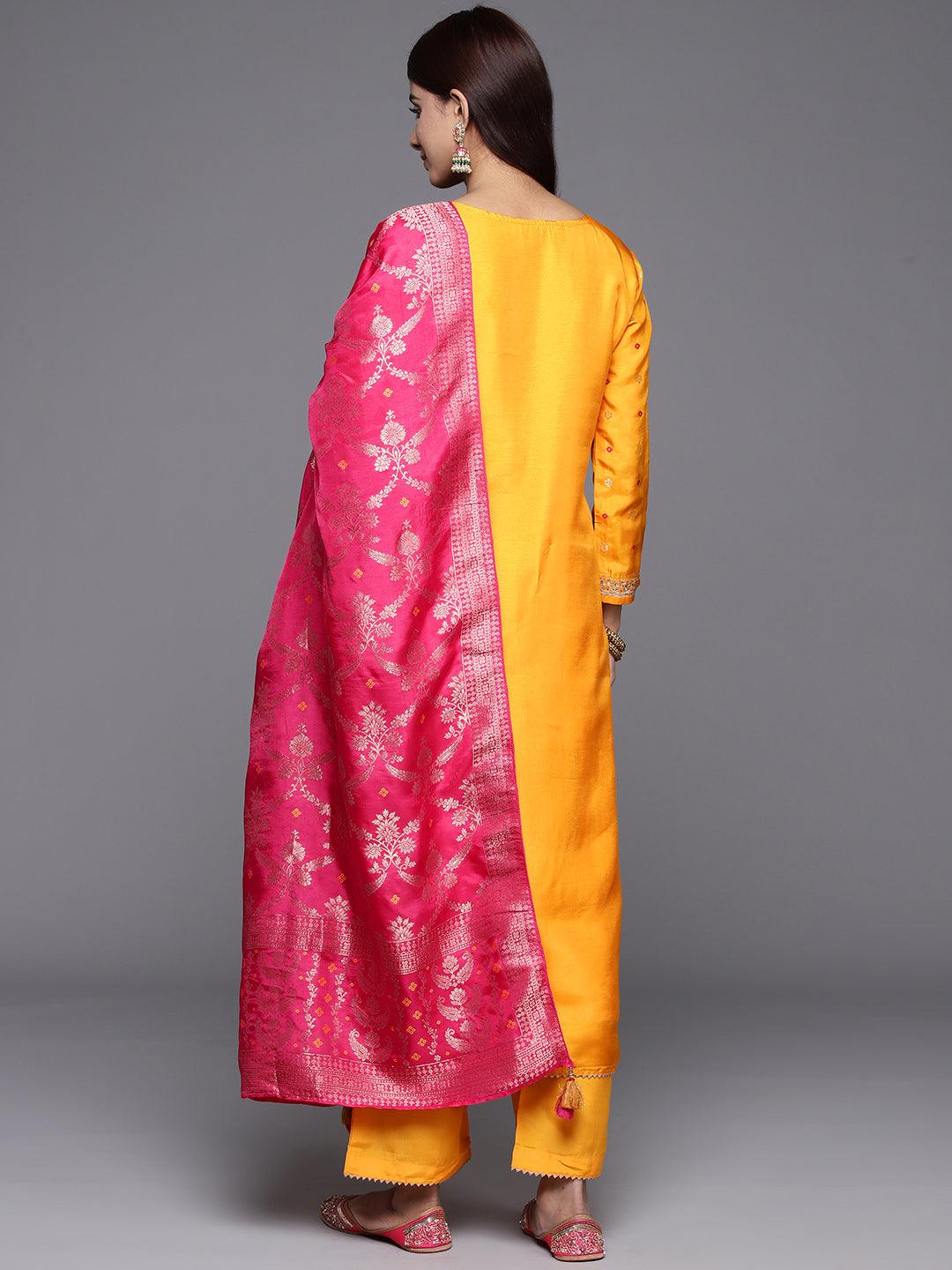 Mustard Woven Design Silk Straight Kurta With Trousers & Dupatta - Libas 