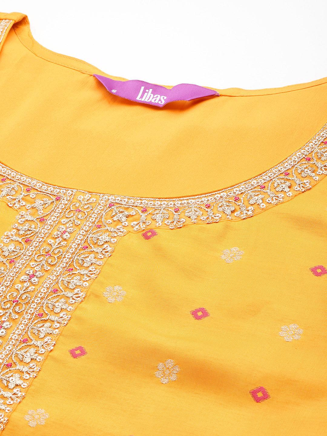 Mustard Woven Design Silk Straight Kurta With Trousers & Dupatta - Libas