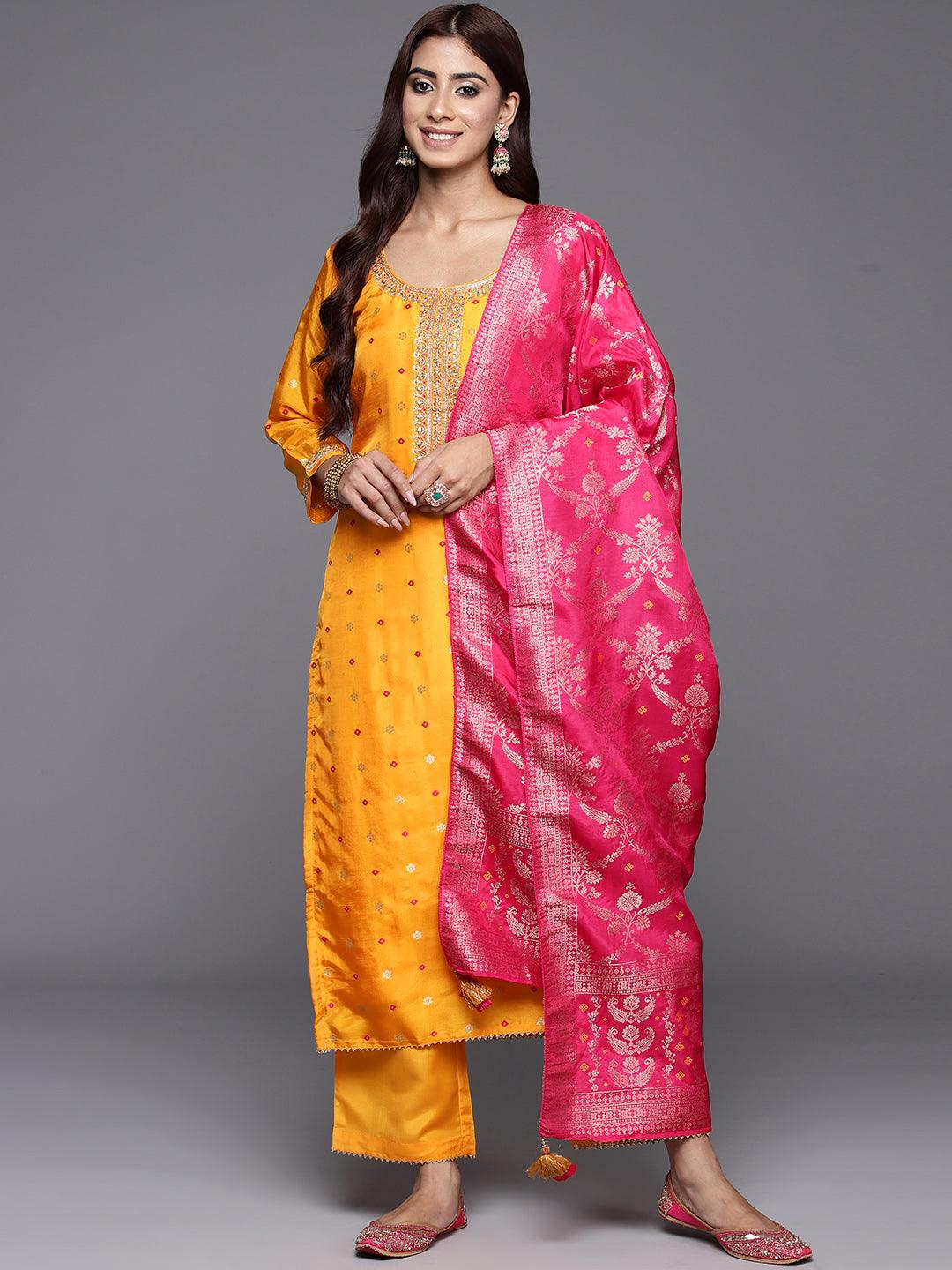 Mustard Woven Design Silk Straight Kurta With Trousers & Dupatta - Libas 