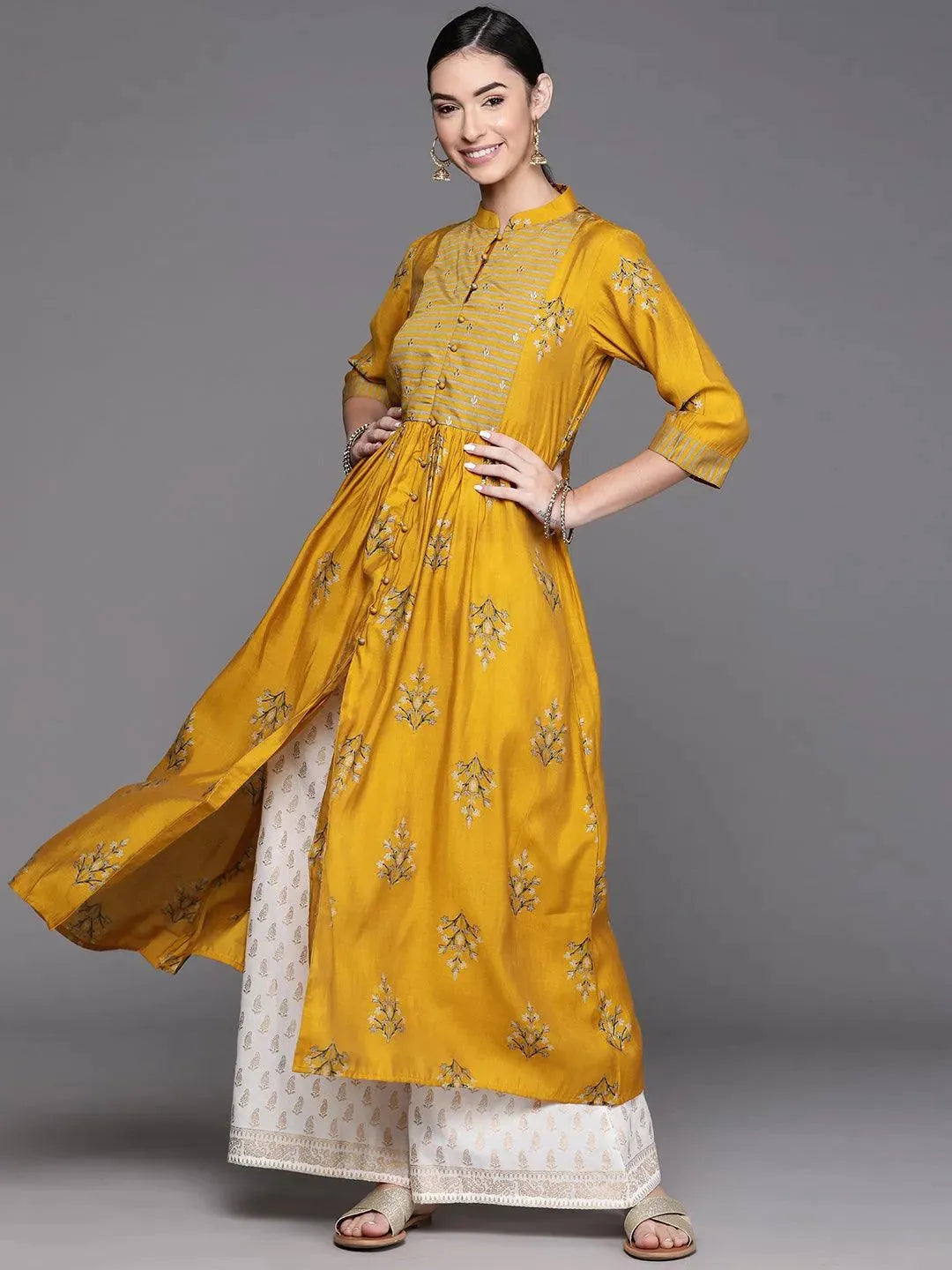 

Buy Mustard Yoke Design Chanderi Silk Kurta - 23107O- | Libas Ethnic Wear Online