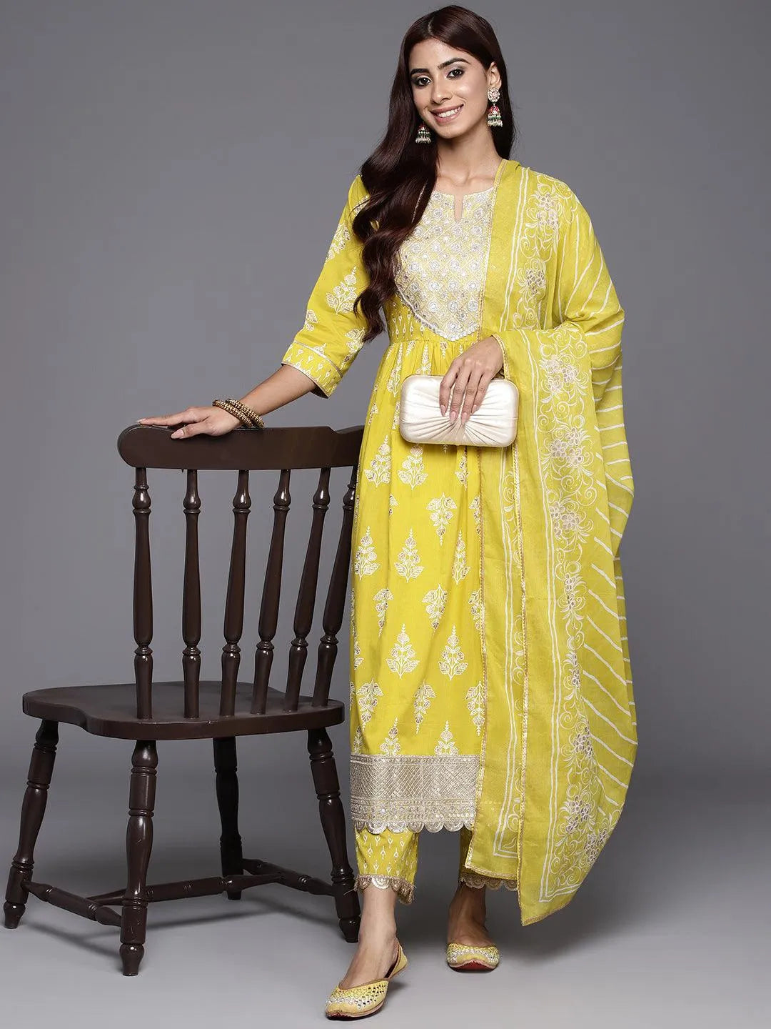 Mustard Yoke Design Cotton A-Line Kurta With Palazzos & Dupatta - Libas 