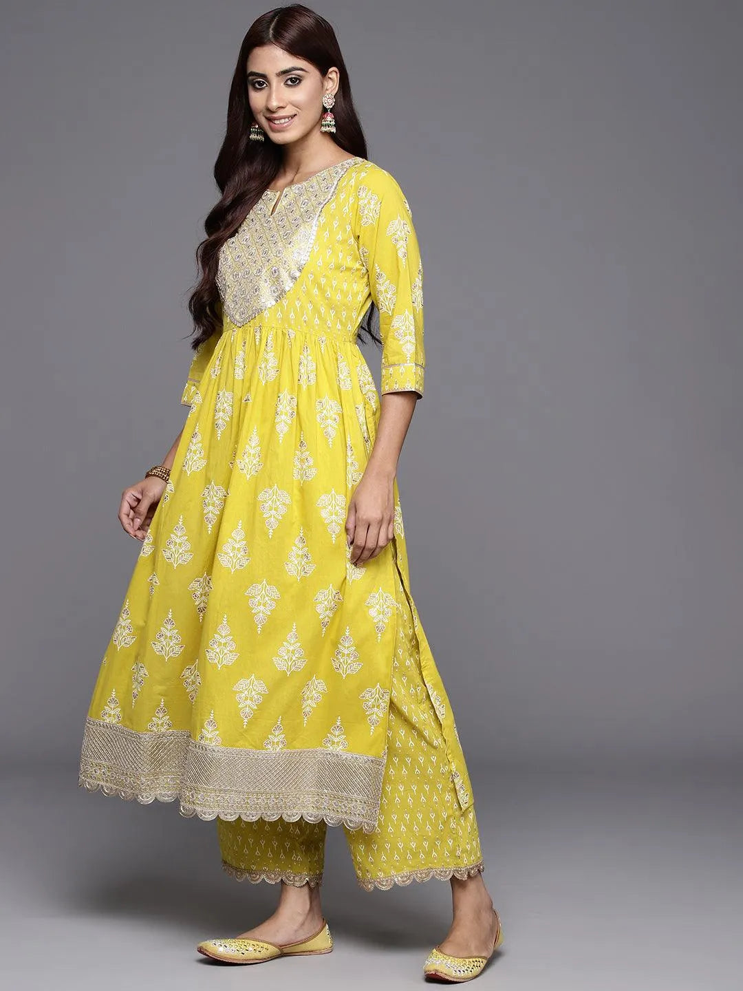 Mustard Yoke Design Cotton A-Line Kurta With Palazzos & Dupatta - Libas