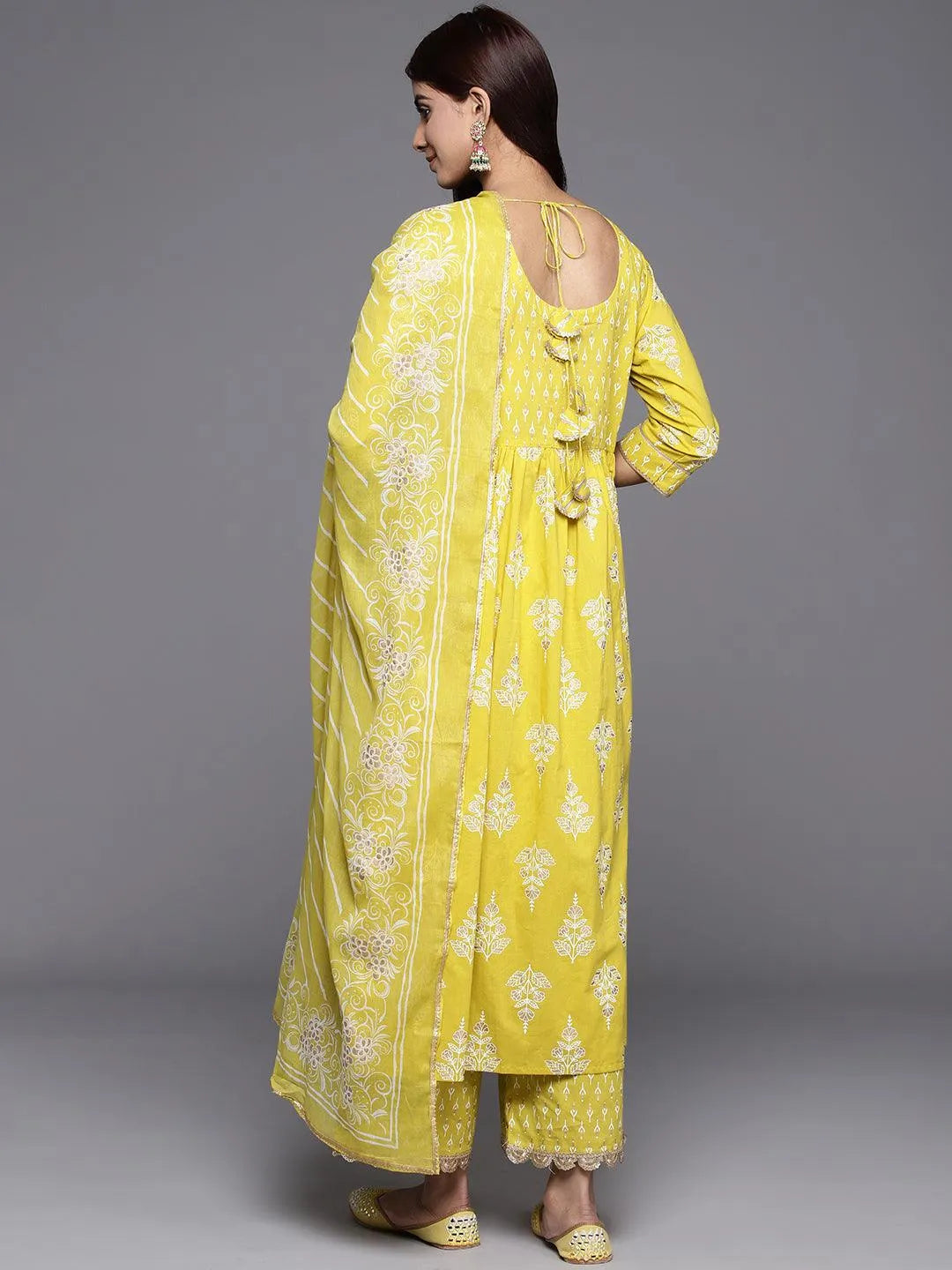 Mustard Yoke Design Cotton A-Line Kurta With Palazzos & Dupatta - Libas 