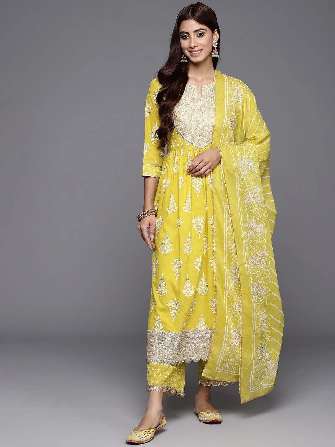 Mustard Yoke Design Cotton A-Line Kurta With Palazzos & Dupatta - Libas