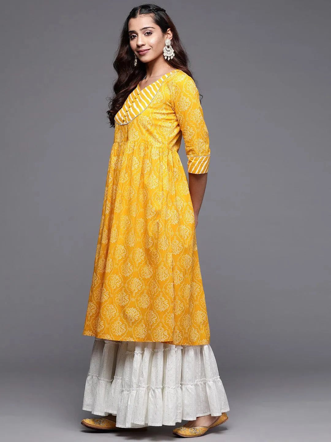 Mustard Yoke Design Cotton Anarkali Kurta - Libas 