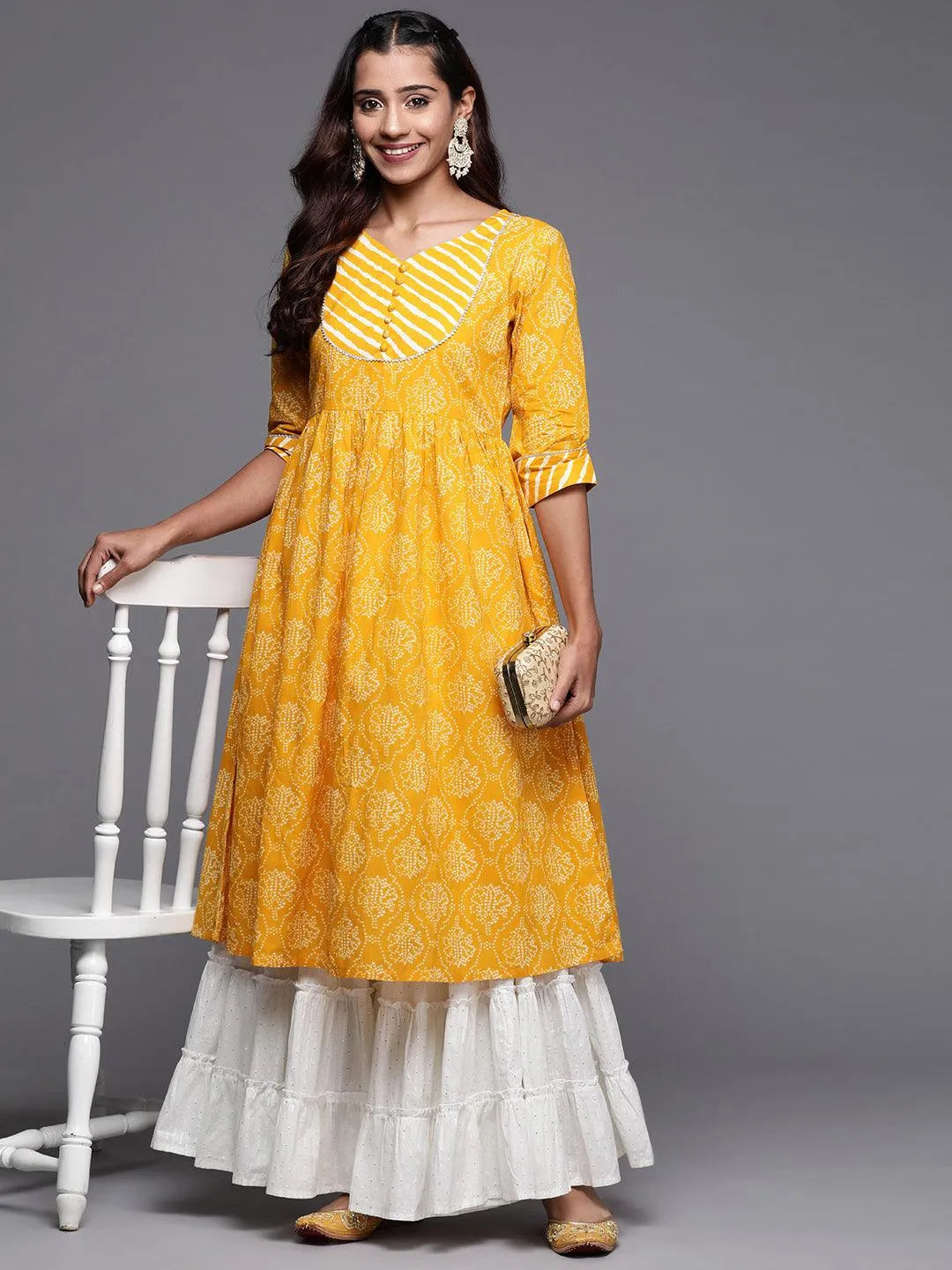 Mustard Yoke Design Cotton Anarkali Kurta - Libas 