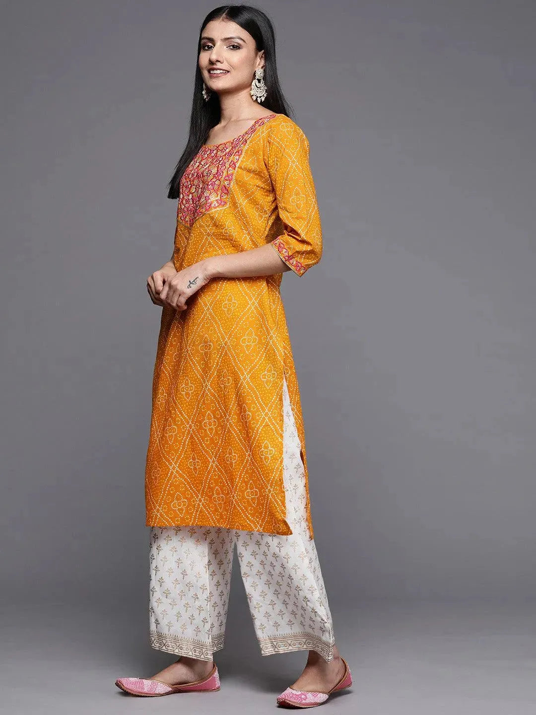 

Mustard Yoke Design Cotton Straight Kurta