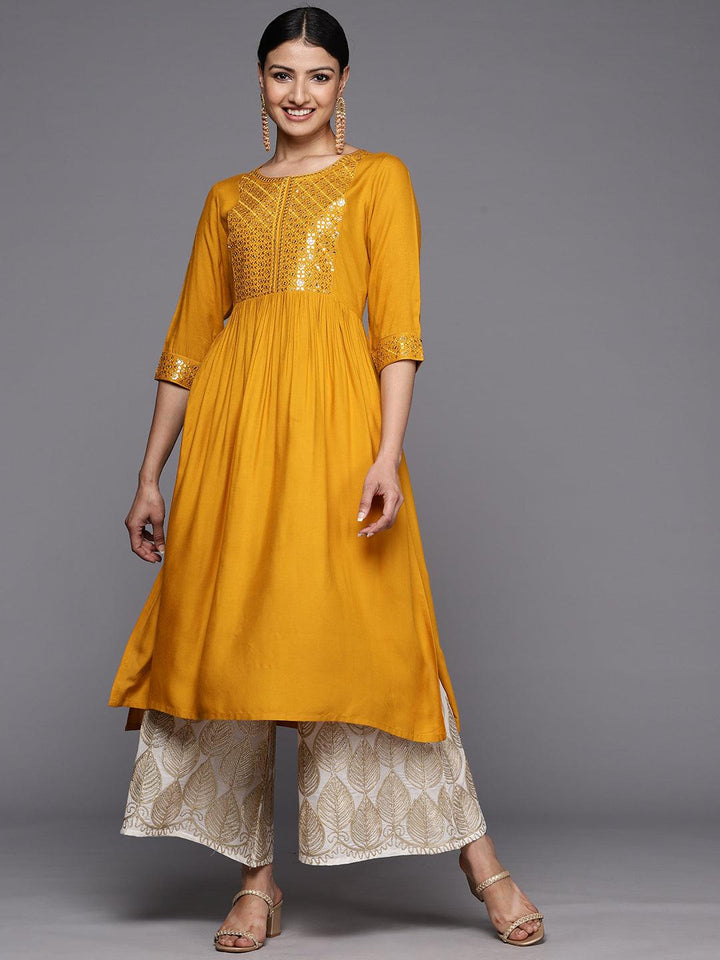 Mustard Yoke Design Rayon A-Line Kurta - Libas