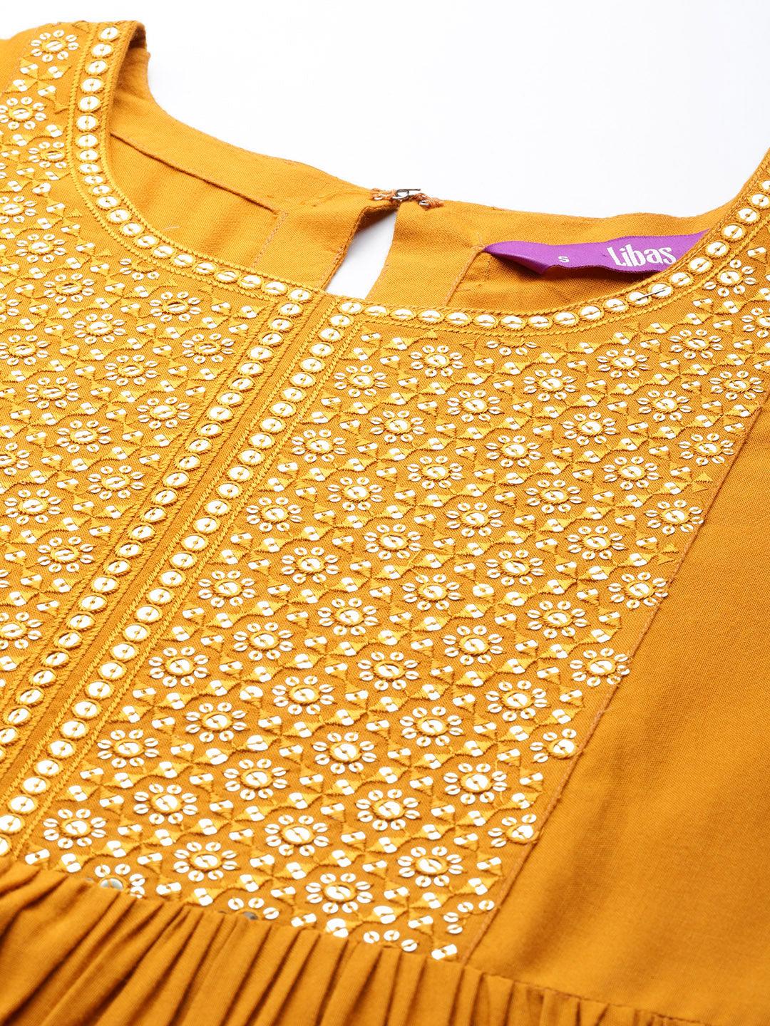 Mustard Yoke Design Rayon A-Line Kurta - Libas