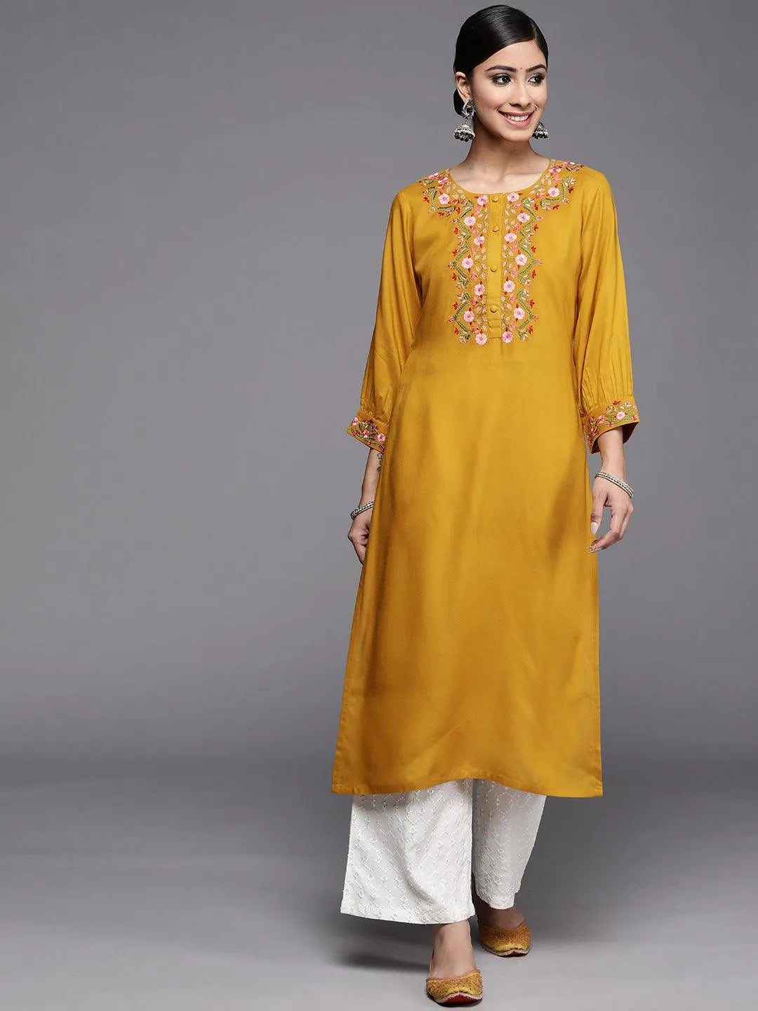 Mustard Yoke Design Rayon Kurta - Libas