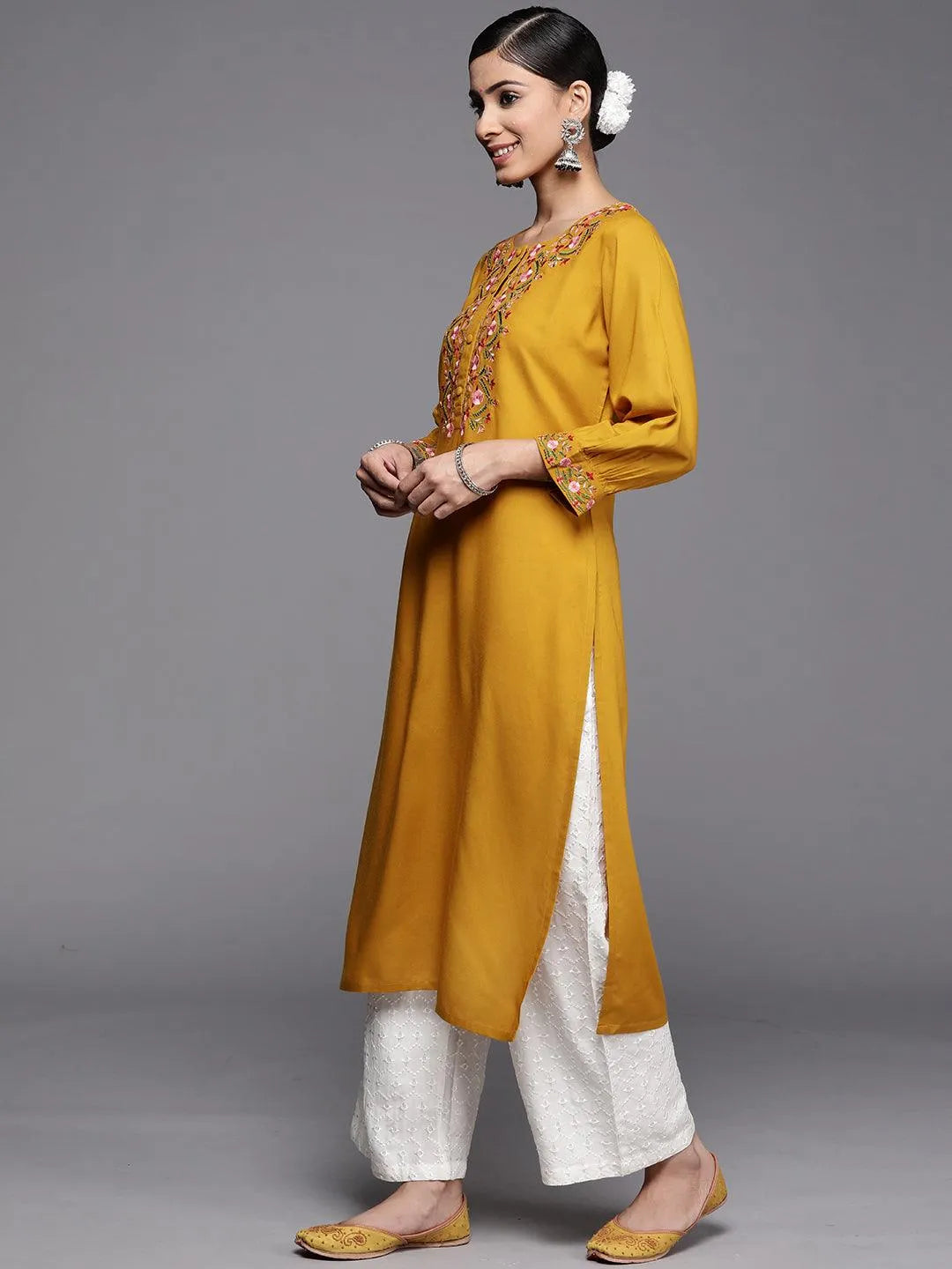 Mustard Yoke Design Rayon Kurta - Libas