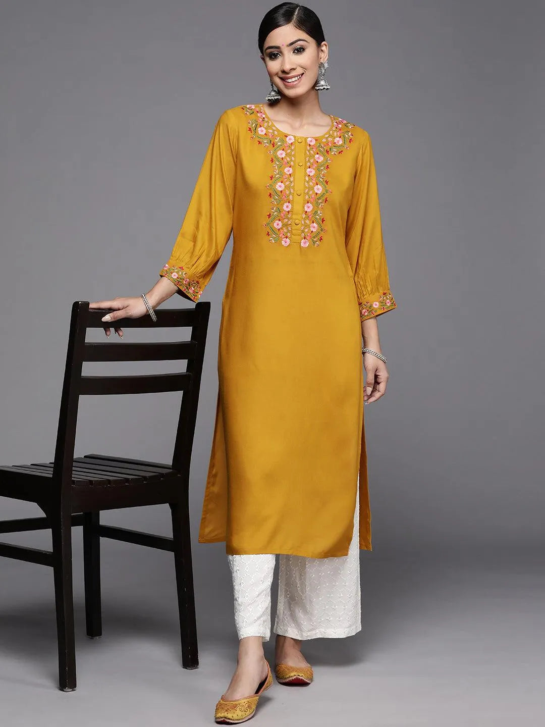 Mustard Yoke Design Rayon Kurta - Libas