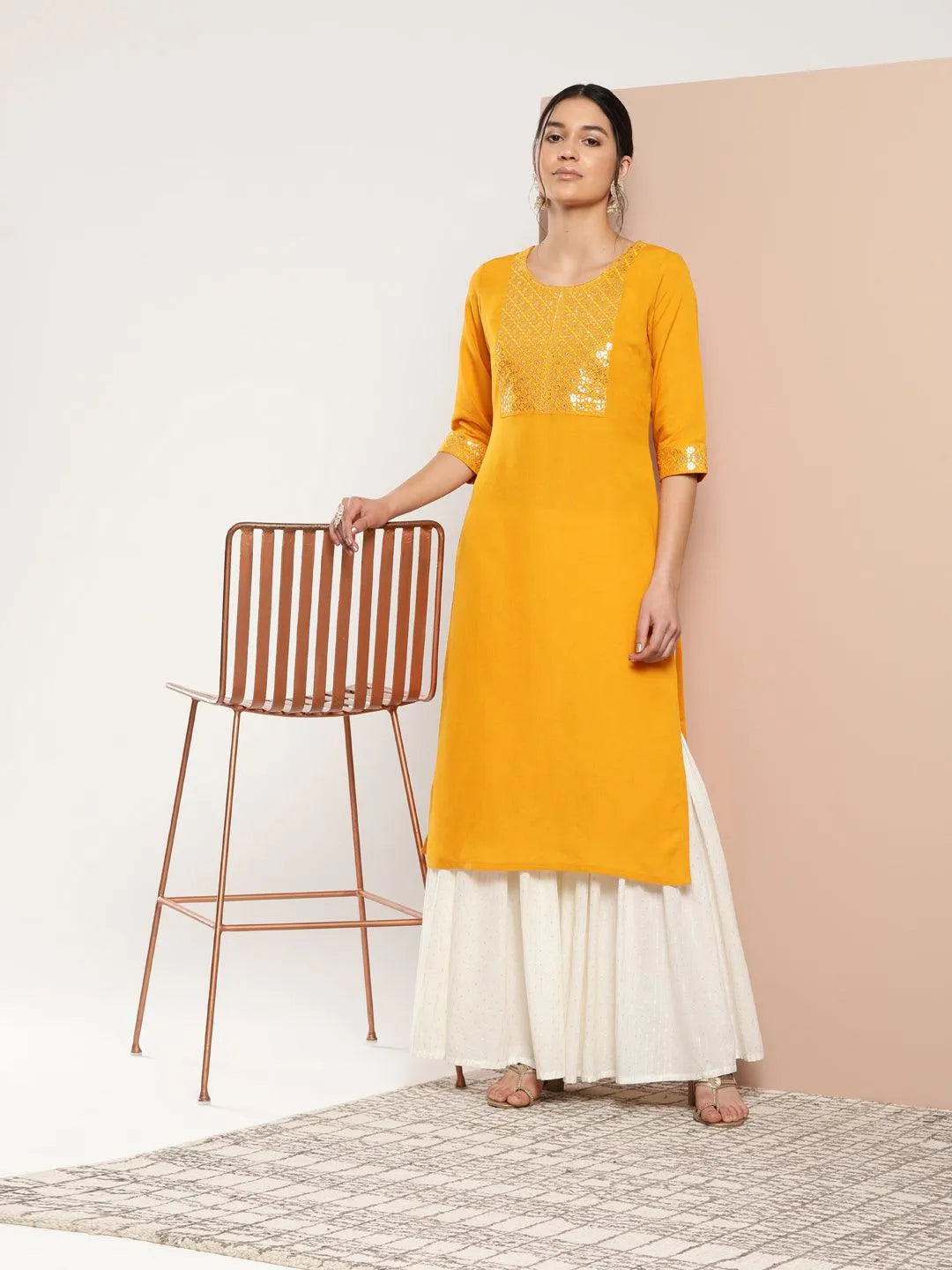 Mustard Yoke Design Rayon Straight Kurta - Libas