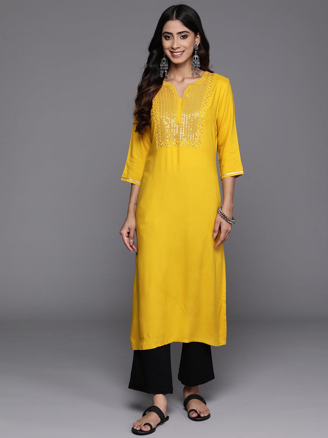 Mustard Yoke Design Rayon Straight Kurta - Libas