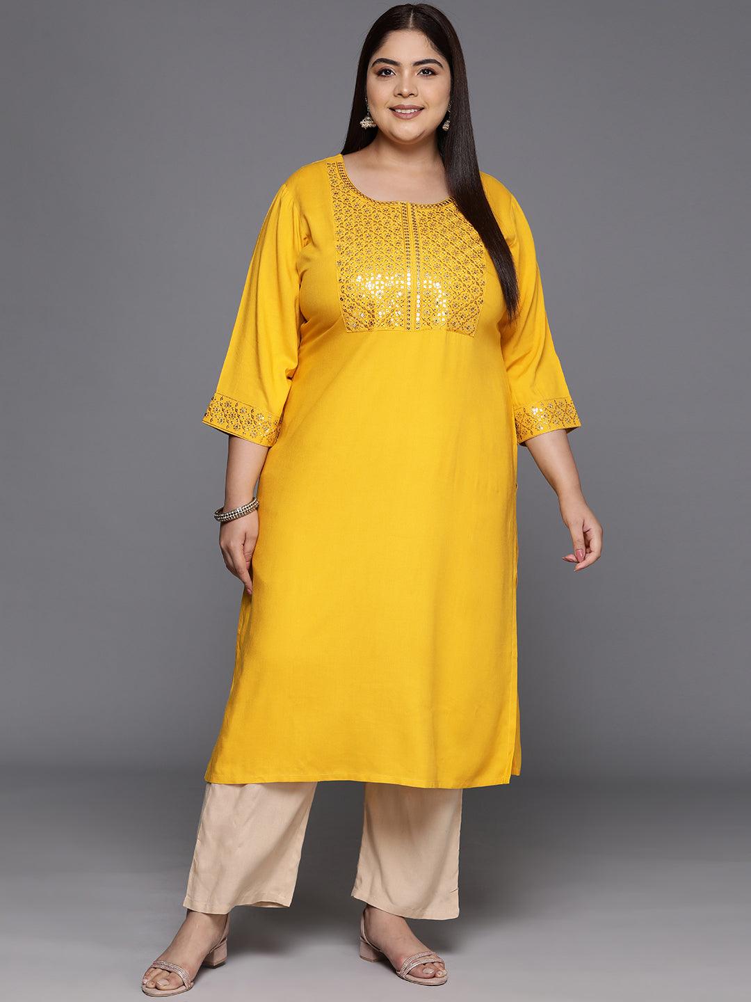 Mustard Yoke Design Rayon Straight Kurta - Libas