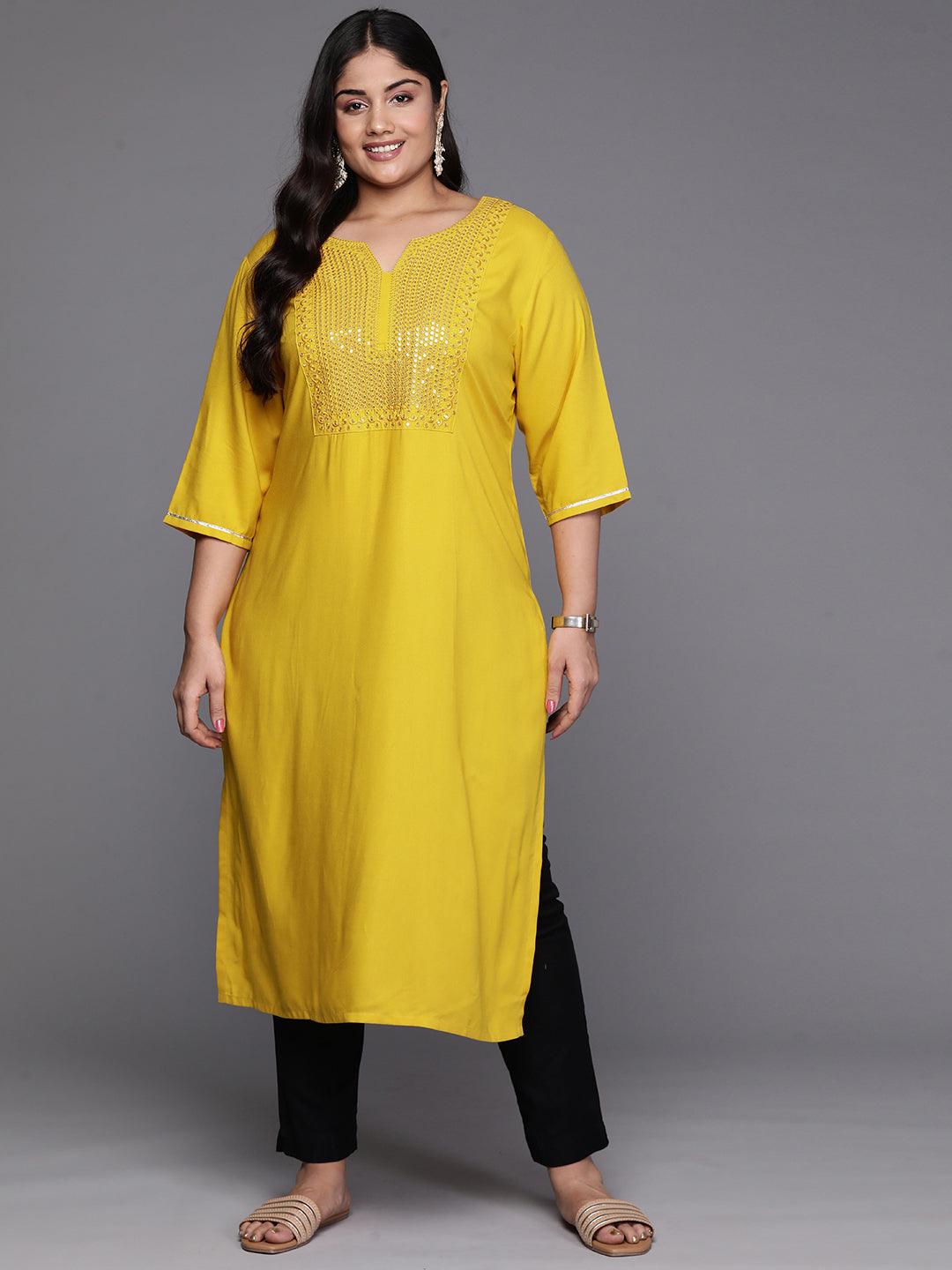 Mustard Yoke Design Rayon Straight Kurta - Libas