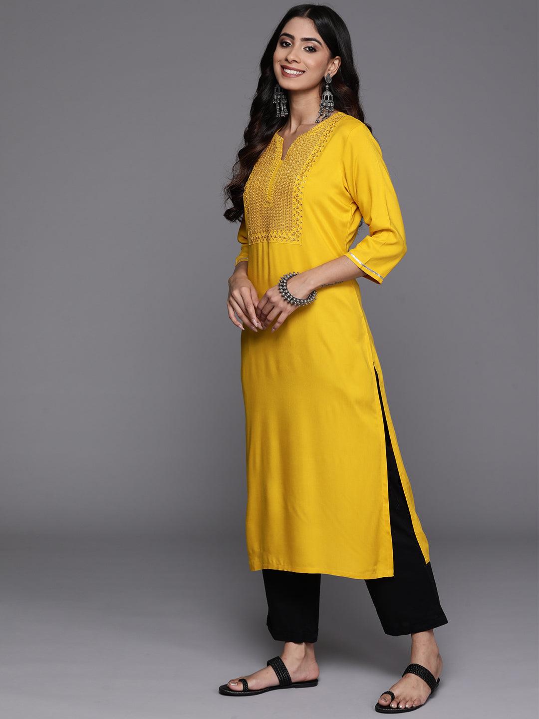 Mustard Yoke Design Rayon Straight Kurta - Libas