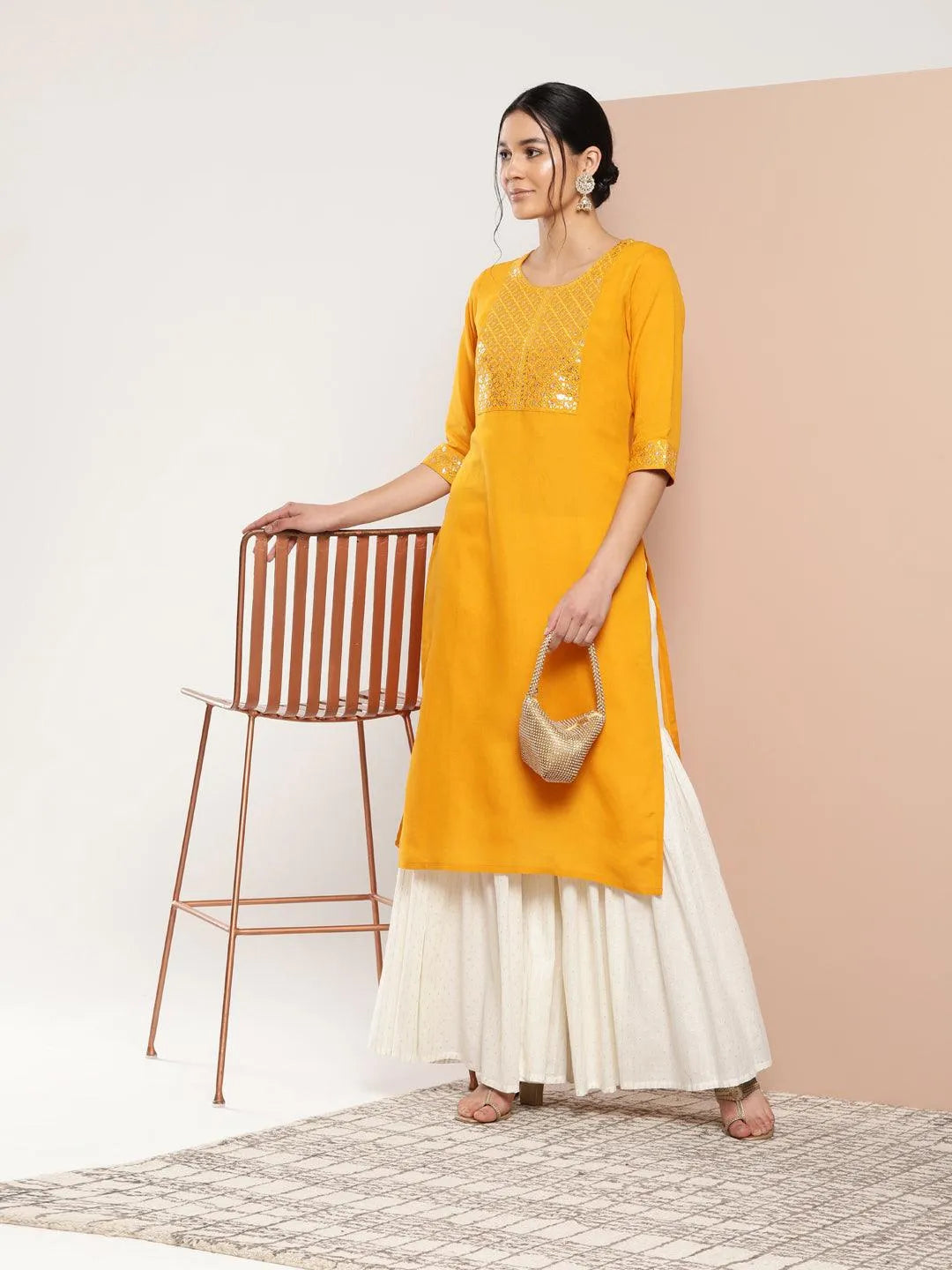 Mustard Yoke Design Rayon Straight Kurta - Libas