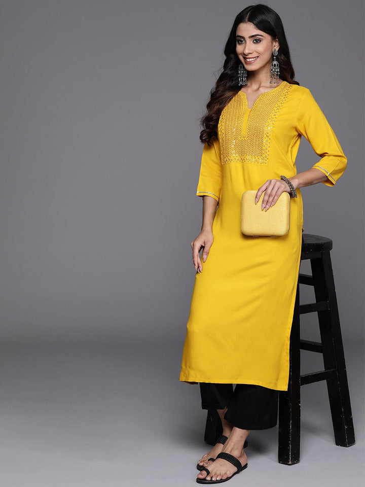 Mustard Yoke Design Rayon Straight Kurta - Libas