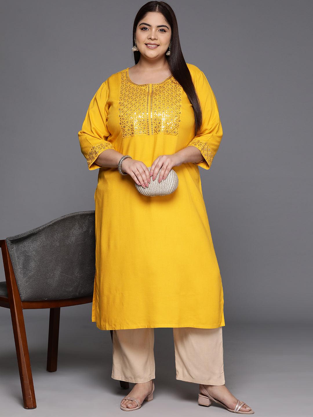 Mustard Yoke Design Rayon Straight Kurta - Libas