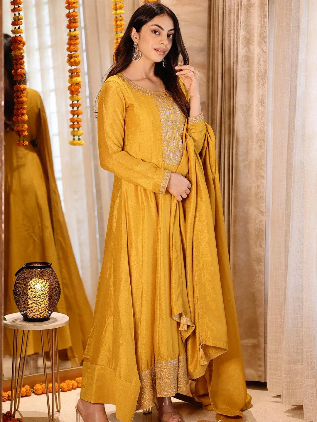 Mustard Yoke Design Silk Blend Anarkali Suit Set - Libas 