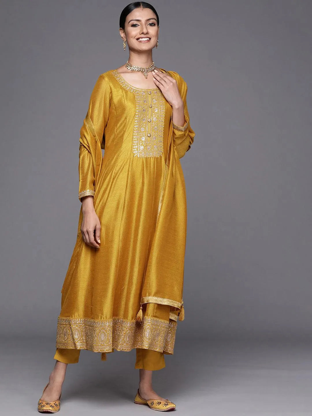 Mustard Yoke Design Silk Blend Anarkali Suit Set - Libas