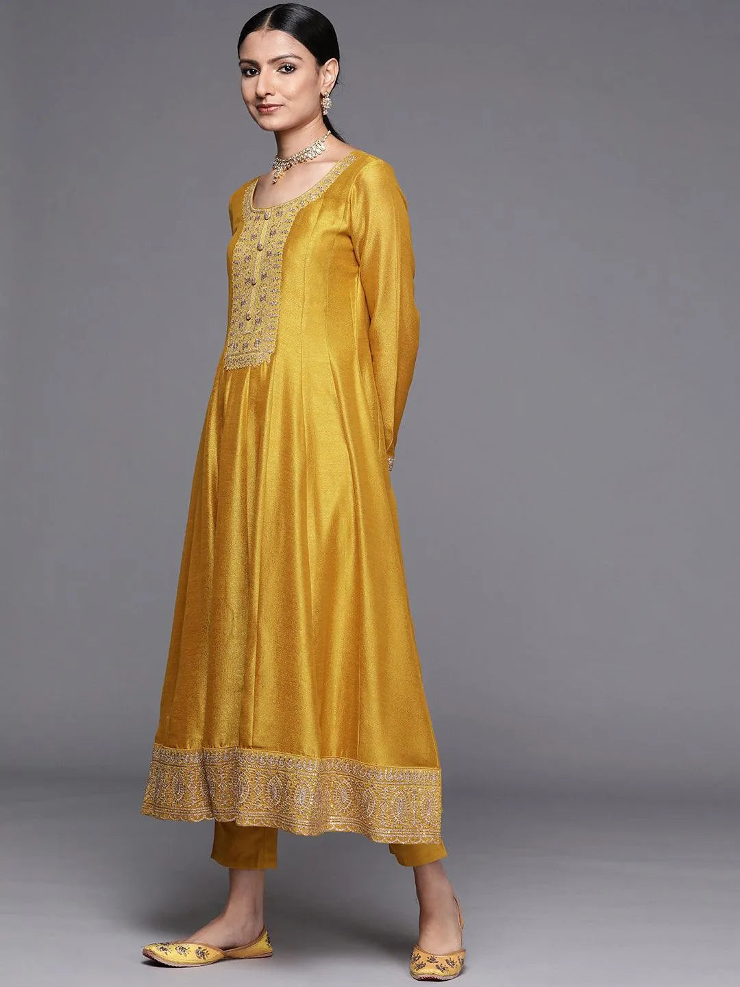 Mustard Yoke Design Silk Blend Anarkali Suit Set - Libas 