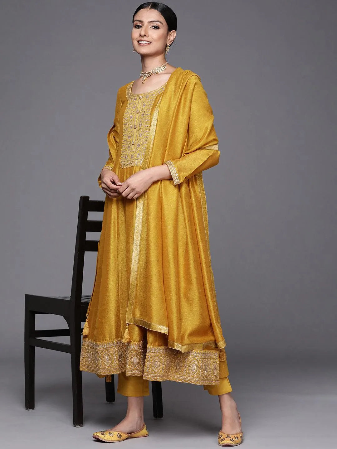 Mustard Yoke Design Silk Blend Anarkali Suit Set - Libas 