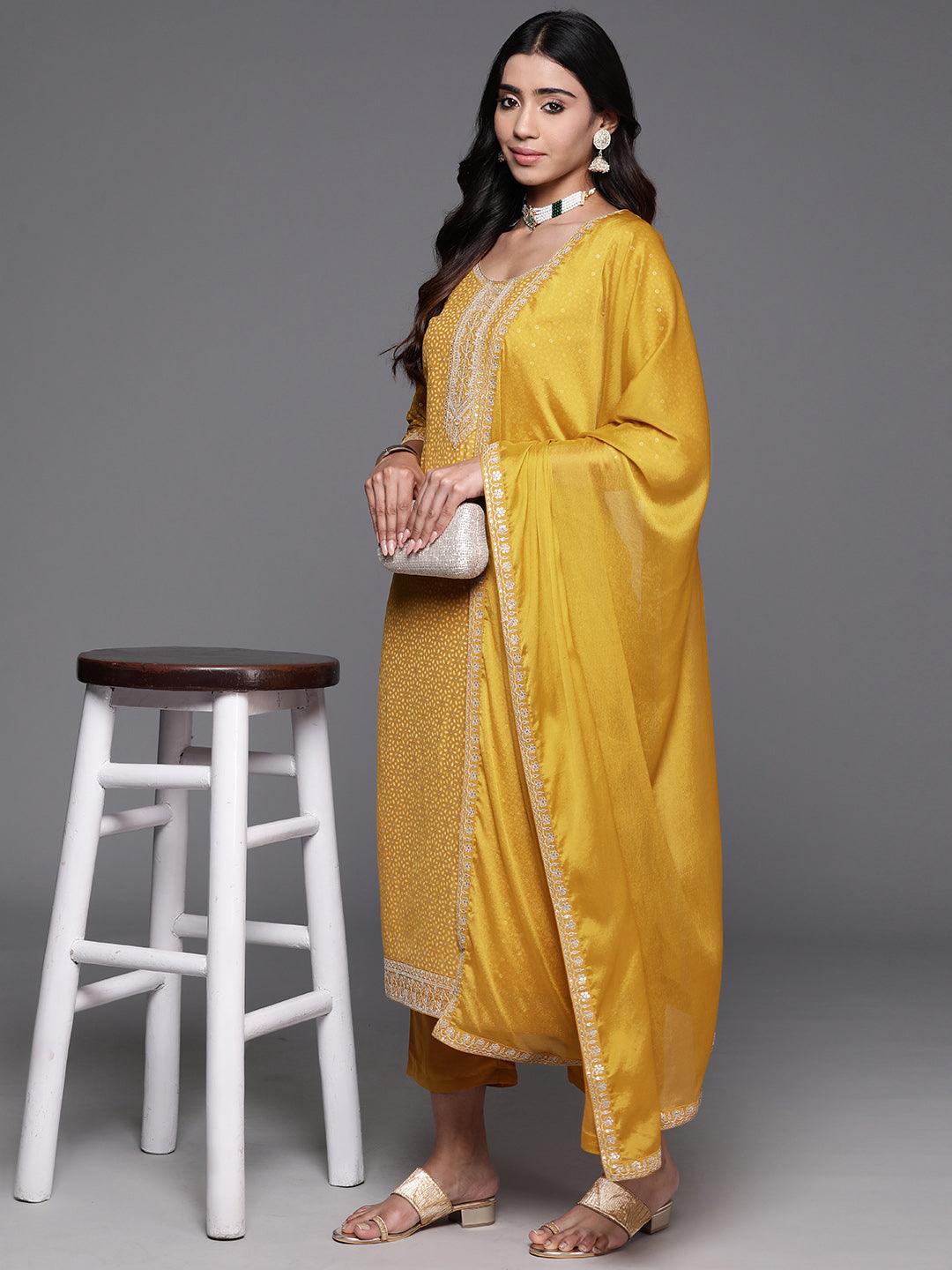 Mustard Yoke Design Silk Blend Straight Kurta With Trousers & Dupatta - Libas