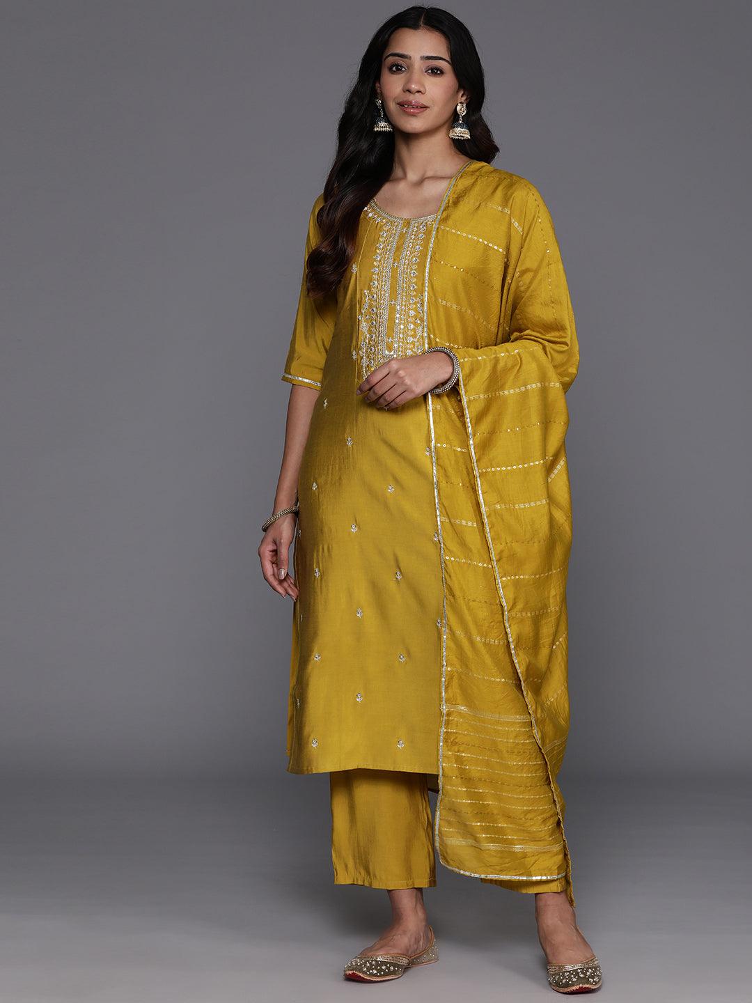 Mustard Yoke Design Silk Blend Straight Kurta With Trousers & Dupatta - Libas 