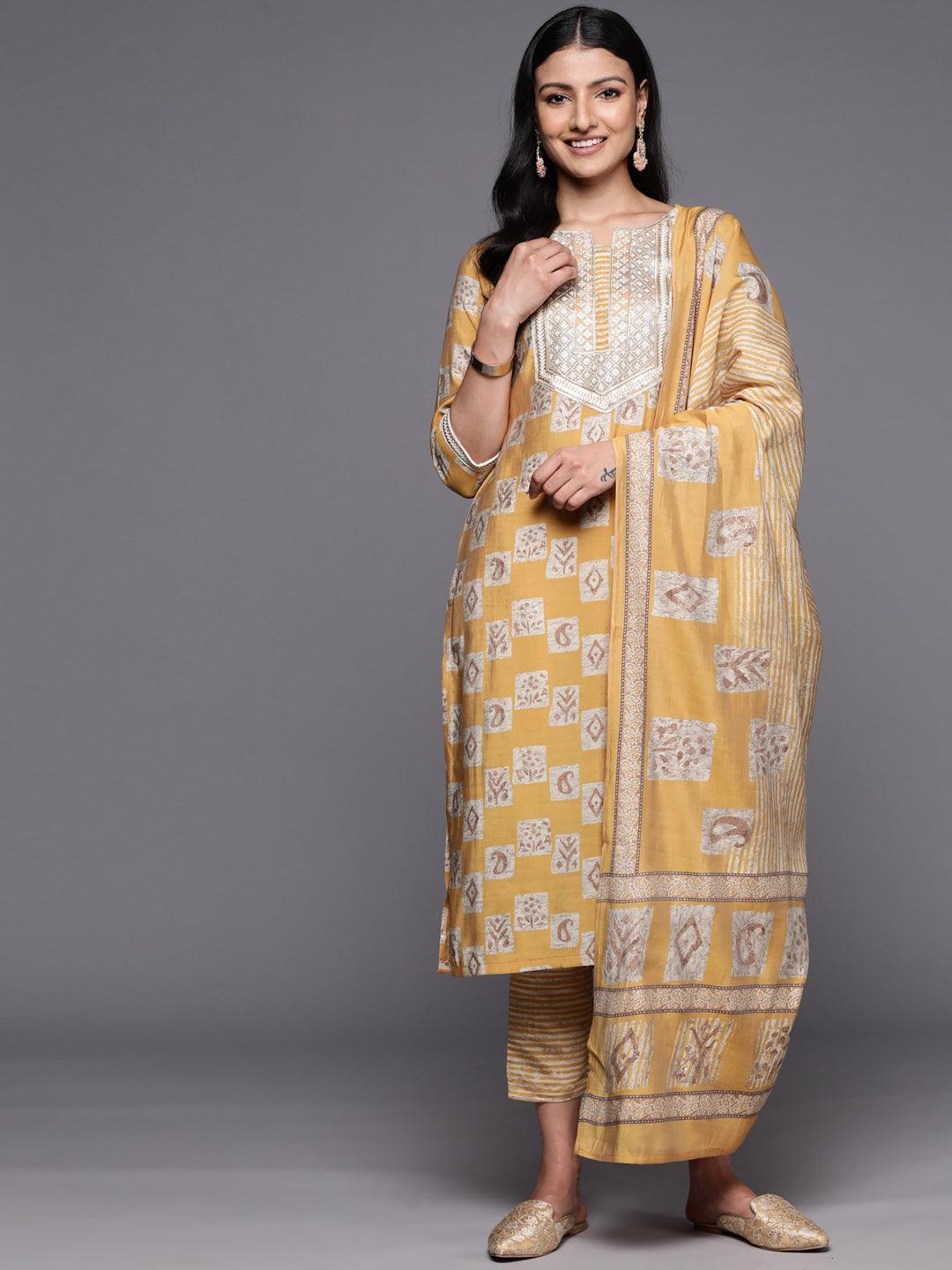 Mustard Yoke Design Silk Blend Straight Suit Set With Trousers - Libas