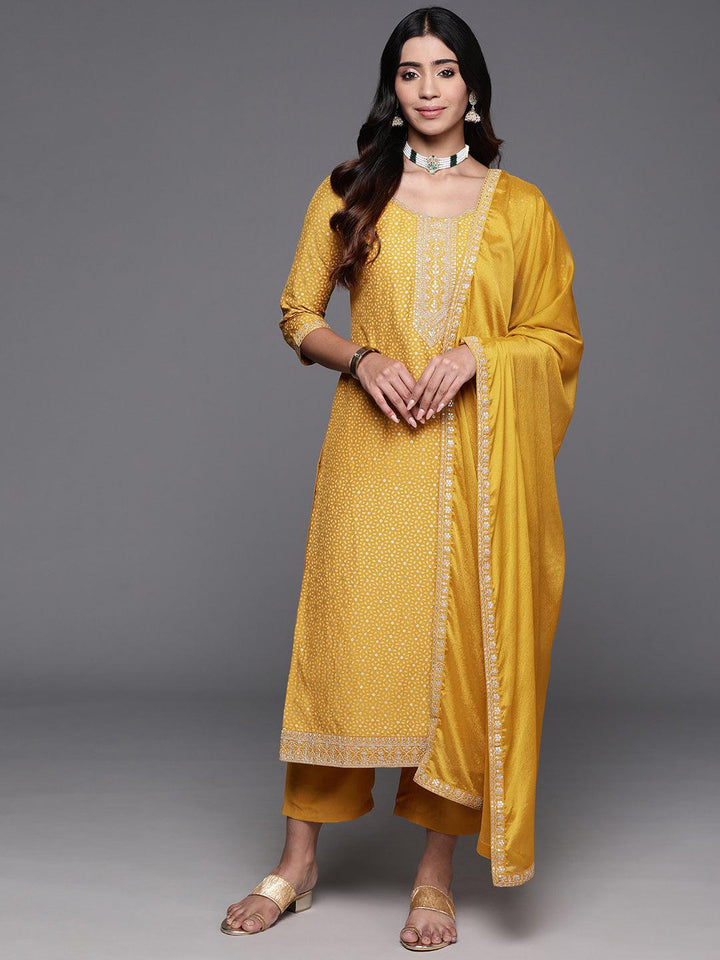 Mustard Yoke Design Silk Blend Straight Kurta With Trousers & Dupatta - Libas