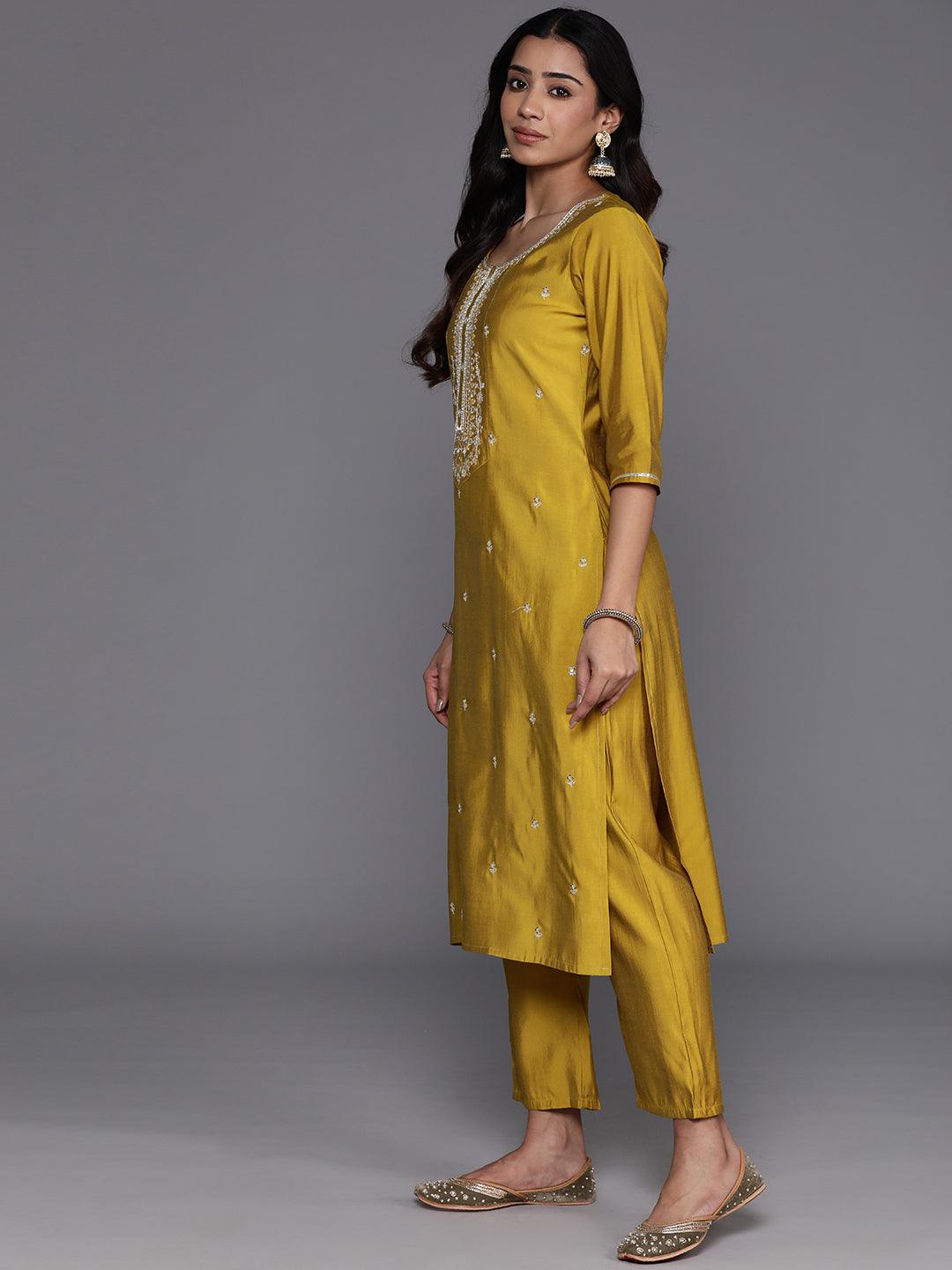 Mustard Yoke Design Silk Blend Straight Kurta With Trousers & Dupatta - Libas