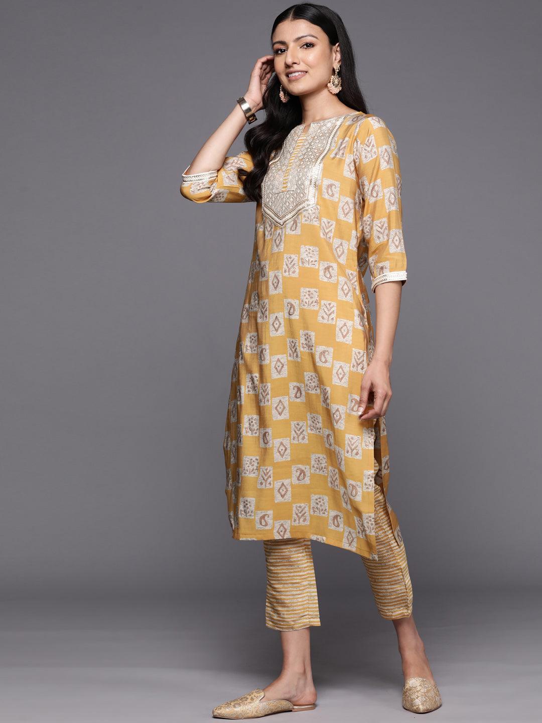 Mustard Yoke Design Silk Blend Straight Suit Set With Trousers - Libas