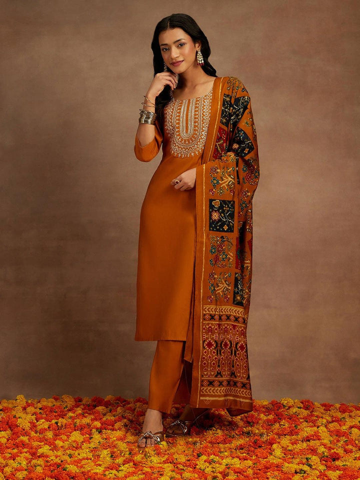 Mustard Yoke Design Silk Blend Straight Kurta With Trousers & Dupatta - Libas