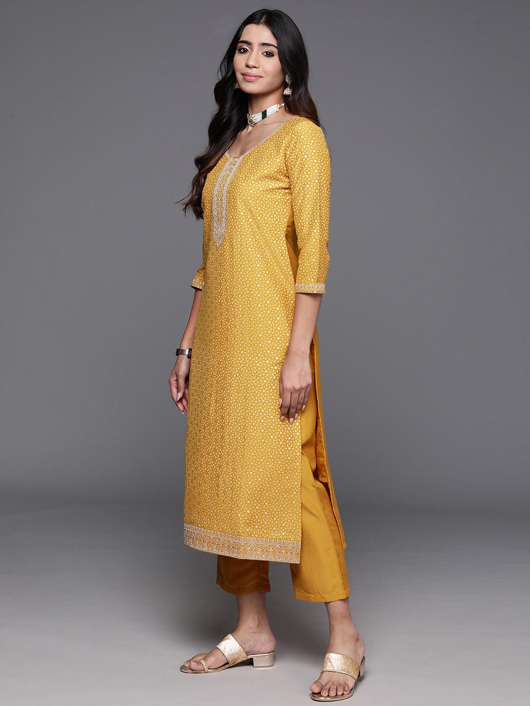 Mustard Yoke Design Silk Blend Straight Kurta With Trousers & Dupatta - Libas