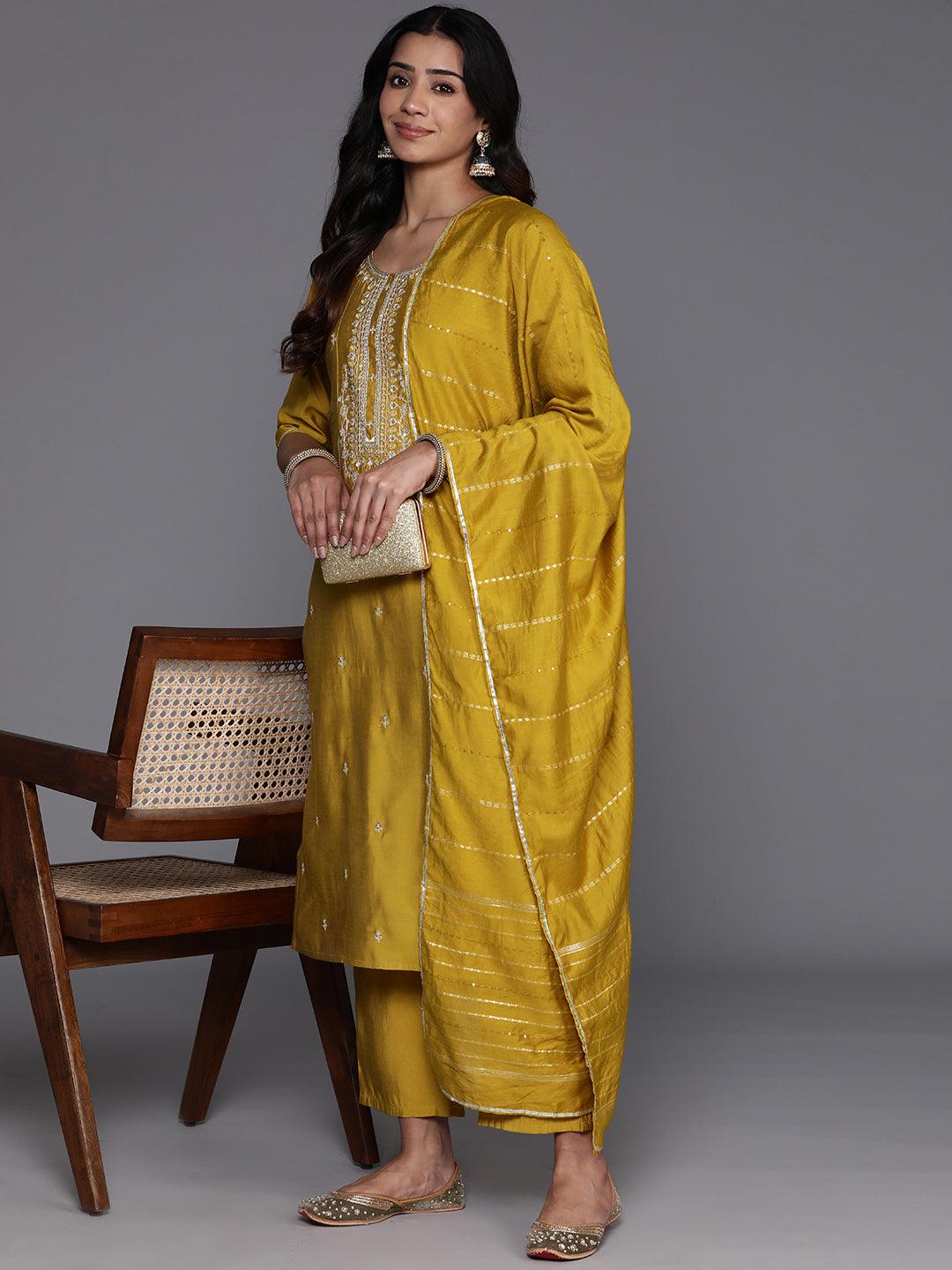 Mustard Yoke Design Silk Blend Straight Kurta With Trousers & Dupatta - Libas 