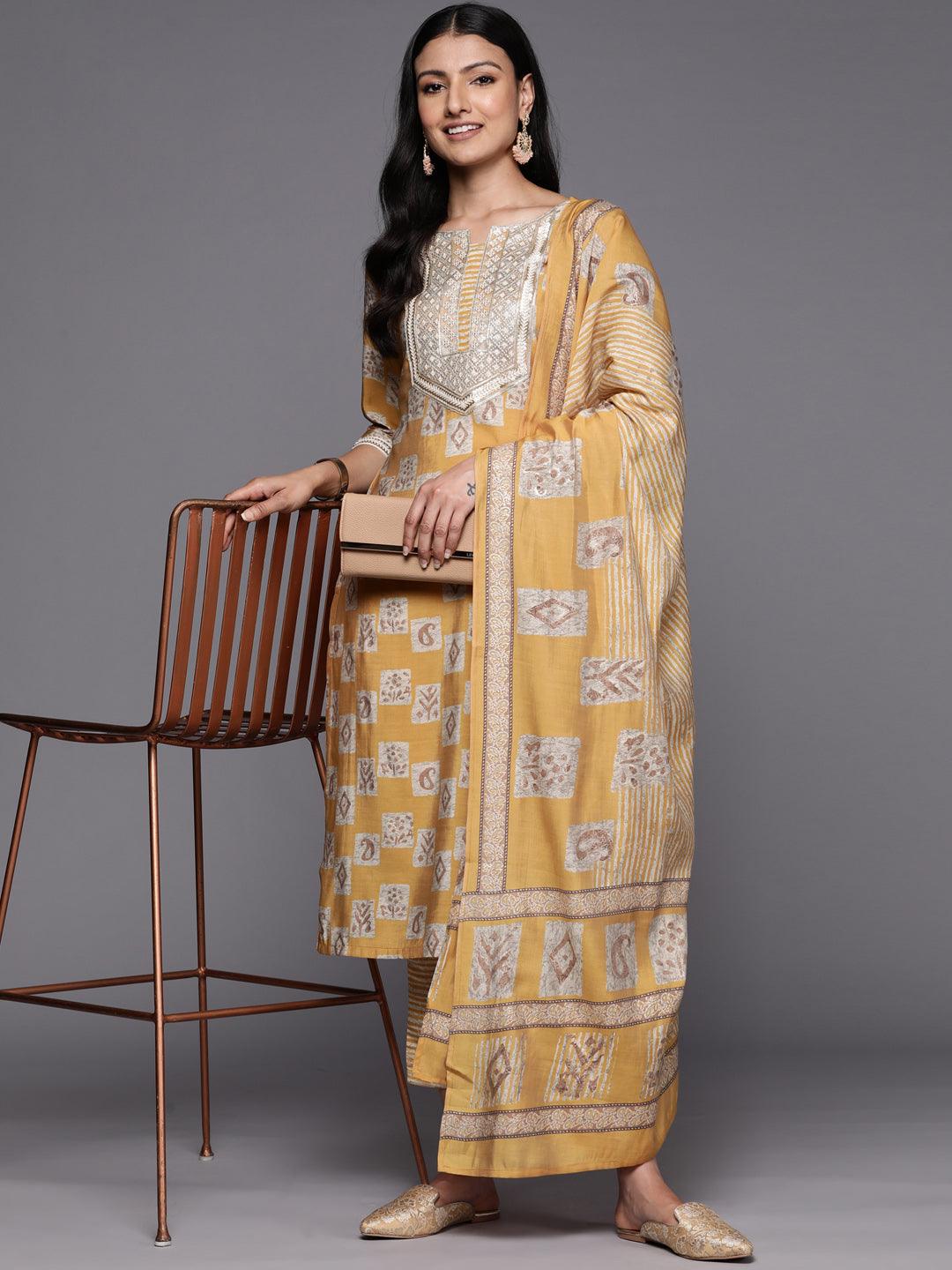 Mustard Yoke Design Silk Blend Straight Suit Set With Trousers - Libas 