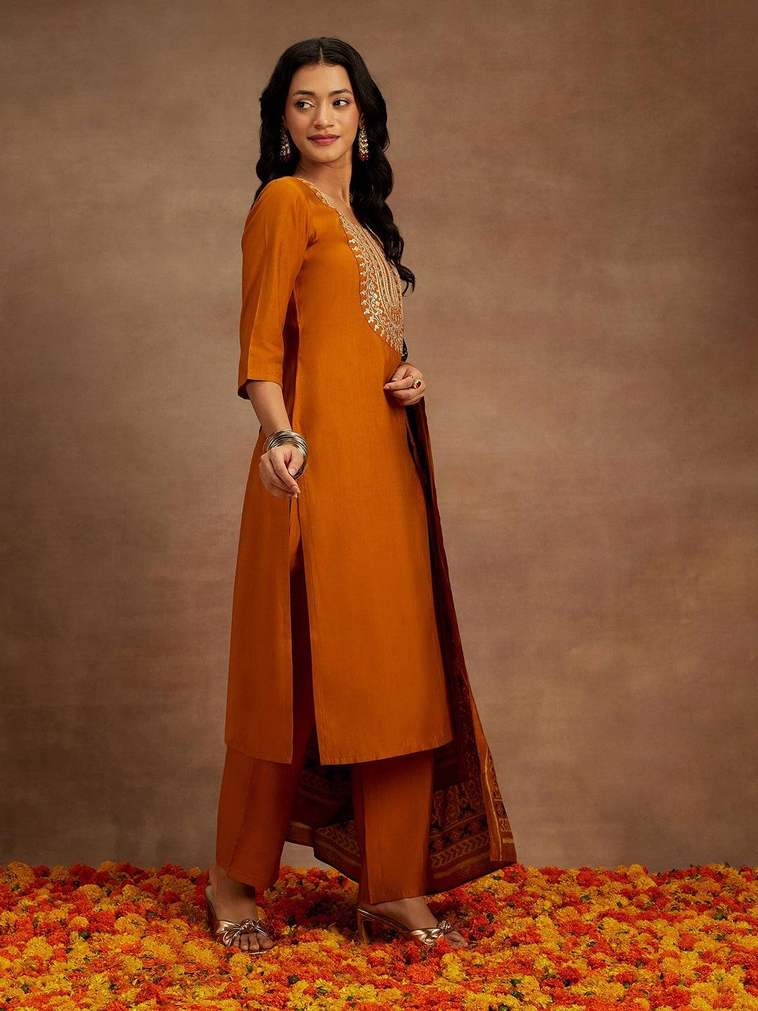 Mustard Yoke Design Silk Blend Straight Kurta With Trousers & Dupatta - Libas